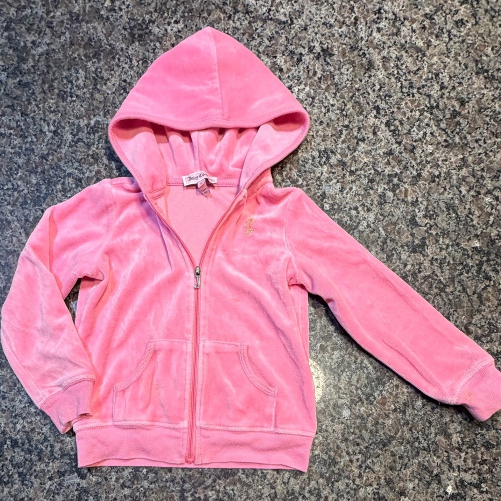 Juicy Couture Girls Pink Velour Zip Up Hoodie Gold Glitter Logo Size 4